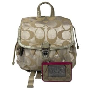 Vintage Coach Signature Logo Poppy Flap Backpack Gold Sateen 18348 + Coin Wallet
